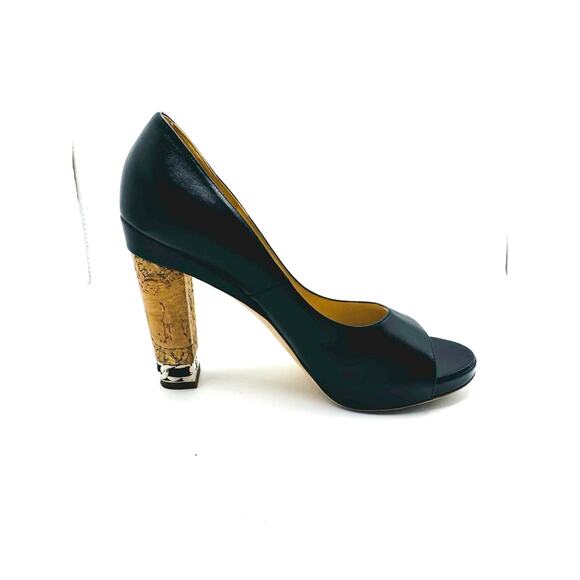 Chanel Black Leather CC Logo Silver Chain Peep Toe Cork Heel Pumps Shoes sz 39.5 - Picture 1 of 14